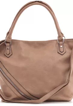 Geanta bej de umar cu un fermoar oblic pe fata, din piele ecologica imagine