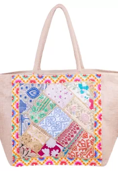 Geanta bej din material textil natural tip sac, cu aplicatie unicat, brodata manual imagine