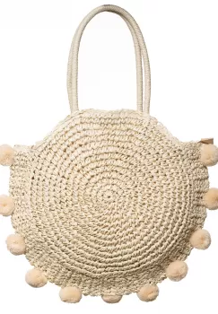 Geanta circulara mare impletita, cu ciucuri mari textili decorativi, bej deschis imagine
