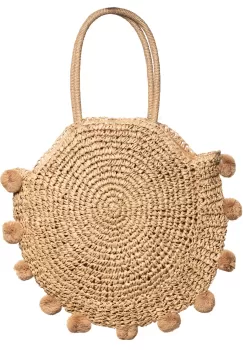 Geanta circulara mare impletita, cu ciucuri mari textili decorativi, bej inchis imagine