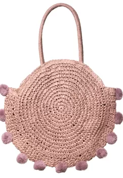 Geanta circulara mare impletita, cu ciucuri mari textili decorativi, roz prafuit imagine