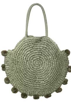 Geanta circulara mare impletita, cu ciucuri mari textili decorativi, verde prafuit imagine