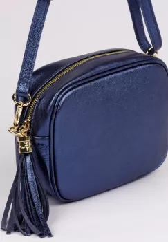 Geanta crossbody albastru metalizat din piele naturala, cu ciucure din piele imagine