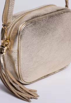 Geanta crossbody aurie din piele naturala, cu ciucure din piele imagine