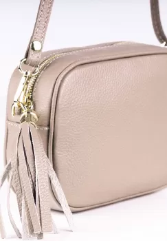 Geanta crossbody bej din piele naturala, cu ciucure din piele imagine