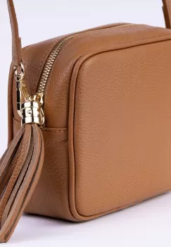 Geanta crossbody camel din piele naturala, cu ciucure din piele imagine