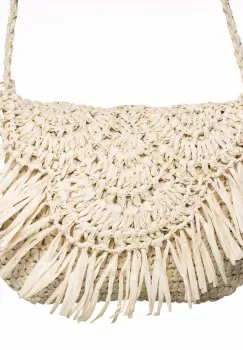 Geanta crossbody mica impletita cu franjuri decorativi pe capac, bej deschis imagine