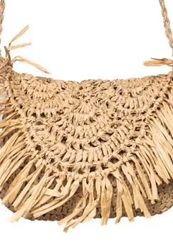 Geanta crossbody mica impletita cu franjuri decorativi pe capac, bej inchis imagine
