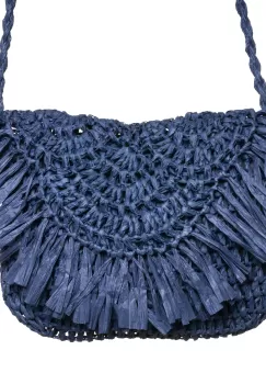 Geanta crossbody mica impletita cu franjuri decorativi pe capac, bleumarin imagine