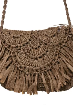 Geanta crossbody mica impletita cu franjuri decorativi pe capac, maron imagine