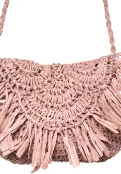 Geanta crossbody mica impletita cu franjuri decorativi pe capac, roz prafuit imagine