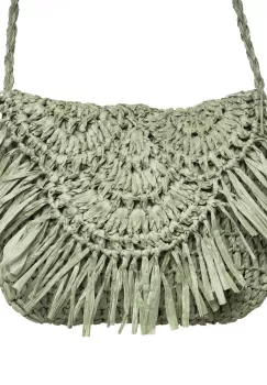 Geanta crossbody mica impletita cu franjuri decorativi pe capac, verde prafuit imagine