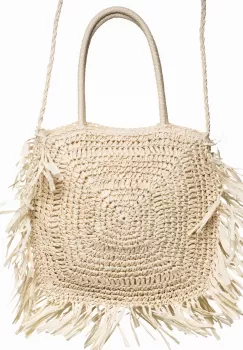 Geanta crossbody patrata mare, impletita cu franjuri mari decorative, bej deschis imagine