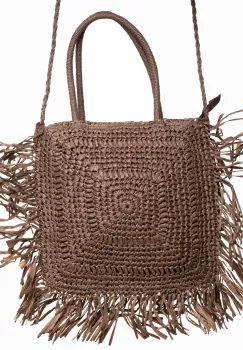 Geanta crossbody patrata mare, impletita cu franjuri mari decorative, maro imagine