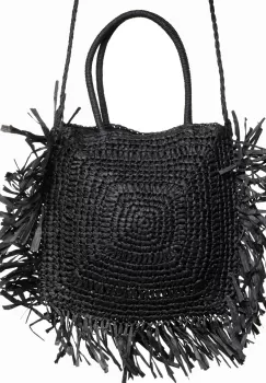 Geanta crossbody patrata mare, impletita cu franjuri mari decorative, neagra imagine