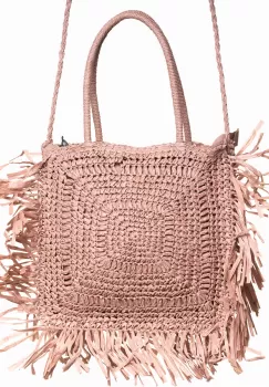 Geanta crossbody patrata mare, impletita cu franjuri mari decorative, roz prafuit imagine