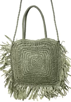 Geanta crossbody patrata mare, impletita cu franjuri mari decorative, verde prafuit imagine