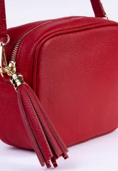 Geanta crossbody rosie din piele naturala, cu ciucure din piele imagine