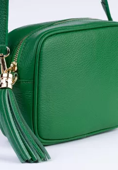 Geanta crossbody verde din piele naturala, cu ciucure din piele imagine