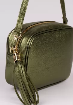 Geanta crossbody verde metalizat din piele naturala, cu ciucure din piele imagine