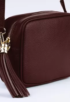 Geanta crossbody visinie din piele naturala, cu ciucure din piele imagine