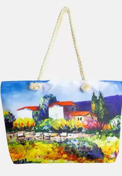 Geanta de plaja din material textil, cu imprimeu dupa o pictura cu casute si gradini imagine