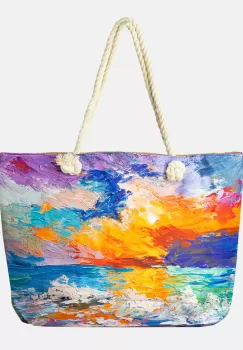 Geanta de plaja din material textil, cu imprimeu dupa o pictura pastel cu tuse de culoare imagine