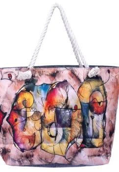 Geanta de plaja din material textil, cu imprimeu imprimeu grafic abstract pe fond roz inchis imagine