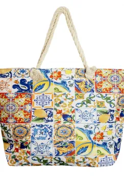 Geanta de plaja din material textil, cu imprimeu model marocan cu lamai in culori vibrante imagine