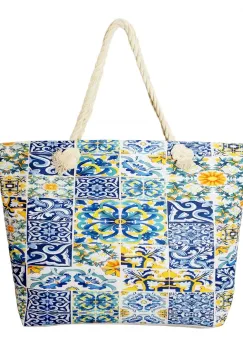 Geanta de plaja din material textil, cu imprimeu model marocan in culori vibrante predominant albastru imagine