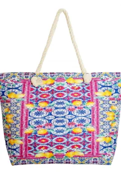 Geanta de plaja din material textil, cu model mediteranean cu lamai pe alb si fucsia imagine