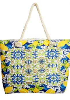Geanta de plaja din material textil, cu model mediteranean cu lamai pe alb, verde si albastru imagine