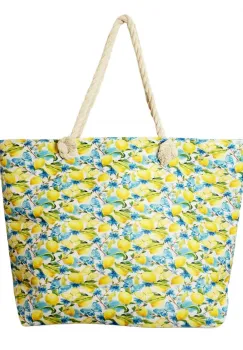 Geanta de plaja din material textil, cu model mediteranean cu lamai si fluturi imagine