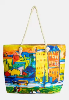 Geanta de plaja din material textil, dupa tablou celebru cu case multicolore imagine