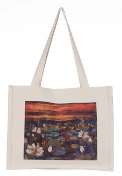 Geanta de umar din material textil cu imprimeu inspirat din o pictura cu nuferi in asfintit imagine