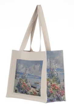 Geanta de umar din material textil cu imprimeu inspirat din o pictura cu primavara pe malul lacului imagine
