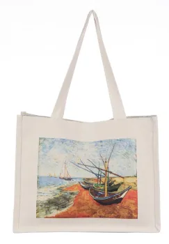 Geanta de umar din material textil cu imprimeu inspirat dintr-o pictura cu barci pe mal a lu Van Gogh imagine