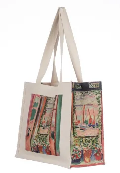 Geanta de umar din material textil cu imprimeu inspirat dintr-o pictura cu o privire prin fereastra catre barci imagine