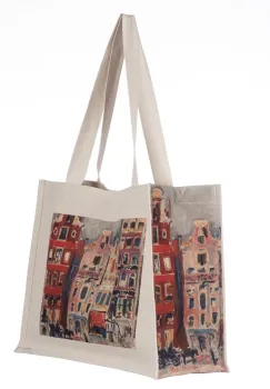 Geanta de umar din material textil cu imprimeu inspirat dintr-o pictura impresionista cu peisaj cu case imagine