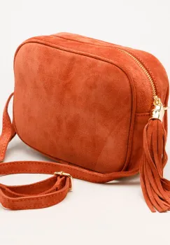 Geanta din piele intoarsa cu franjuri, model crossbody, caramizie imagine