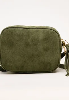 Geanta din piele intoarsa cu franjuri, model crossbody, kaki imagine