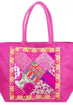 Geanta fucsia din material textil natural tip sac, cu aplicatie unicat, brodata manual imagine