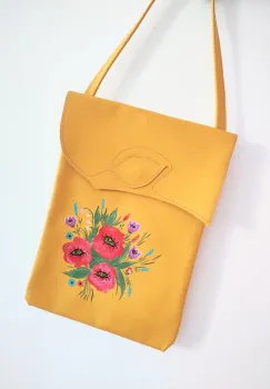 Geanta galben mustar ,handmade, cu lalele si maci pictati,unicat imagine