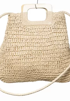 Geanta impletita crossbody, cu manere late din lemn, bej deschis imagine