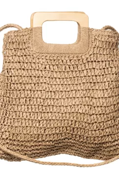 Geanta impletita crossbody, cu manere late din lemn, bej inchis imagine