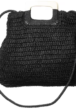 Geanta impletita crossbody, cu manere late din lemn, neagra imagine