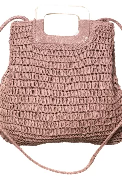 Geanta impletita crossbody, cu manere late din lemn, roz prafuit imagine