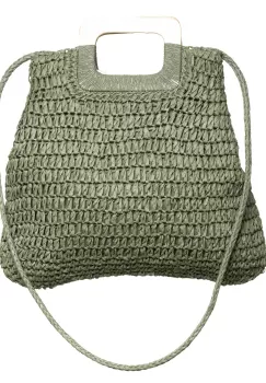 Geanta impletita crossbody, cu manere late din lemn, verde prafuit imagine