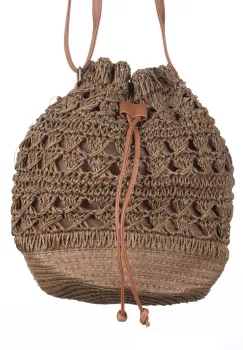 Geanta impletita stil saculet cu fund circular, maron imagine