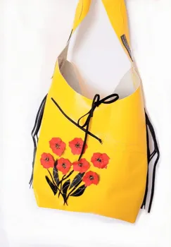 Geanta lemon handmade  din piele naturala ,cu maci ,unicat imagine